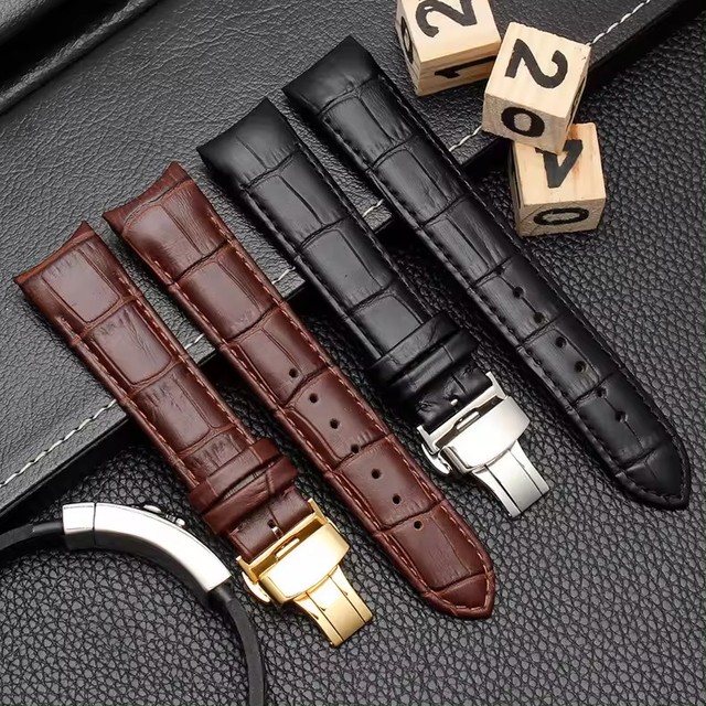 20/21/22mm Black Brown Curved Mouth Genuine Leather Watch Bands Deployment Clasp Crocodile Pattern Cowhide Leather Watch Strap