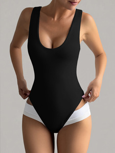 Body da <span class=keywords><strong>donna</strong></span> scollato a V profondo senza maniche, aderente, bianco tinta unita, stile canotta, per abbigliamento casual e da discoteca - Product Image 4