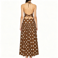 Ensemble haut court à pois marron et jupe longue pour femme, col carré, taille haute, robe longue trapèze, tenue rétro pour les vacances d'été
