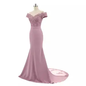 Manufacturer customized Long mermaid bridesmaid dress wedding evening gown V neck strapless short sleeve satin applique gown