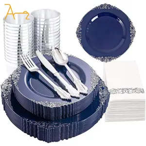 Качественный многоразовый Круглый элегантный синий пластиковый акриловый золотой ободок набор посуды оптом 13-дюймовые зарядные тарелки для свадьбы