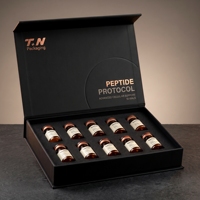 Boîte rigide magnétique personnalisée en carton gris mat noir pour flacons de peptides, 10 flacons, avec doublure en éponge bronzée et logo estampé à chaud