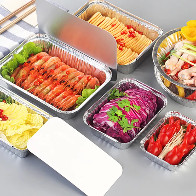 CA50 Customize Logo Food Packaging Tray Food Container with Lid Rectangular Tin Takeaway Aluminum Foil Disposable 600ml Silver