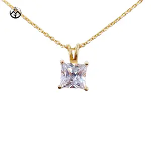 High Quality Stone Necklace Jewelry CZ Princess Cut Drop Pendant Necklaces Yellow Gold Square Charm Thin Chain