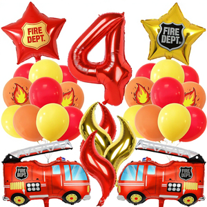 Décorations d'anniversaire <span class=keywords><strong>pompier</strong></span> couleur claire 4 ans, 21 ballons en aluminium <span class=keywords><strong>camion</strong></span> <span class=keywords><strong>de</strong></span> pompiers avec chiffre 4 et formes d'étoiles <span class=keywords><strong>pour</strong></span> fête du 4ème anniversaire - Product Image 3