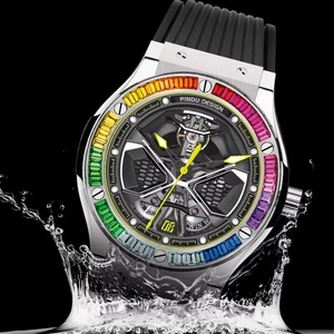 Montres PINDU, montre mécanique de luxe de haute qualité avec diamants colorés, pour hommes, résistante à l'eau 5BAR, bracelet en acier inoxydable et silicone - Product Image 4