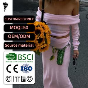 Nuevo Conjunto de Punto de la Serie Primavera, Top Corto Sexy de Un Hombro, Falda Casual Elástica de Cintura Alta para Mujer, Conjunto de Punto de Algodón Sexy - Product Image 1