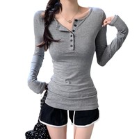 Kaos Wanita Lengan Panjang Model Slim-fit, Imut, dan Meniruskan Tubuh, Cocok untuk Musim Gugur Awal, Atasan Sederhana untuk Pelajar
