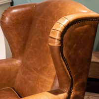 Fauteuil Rétro Vintage Marron en Cuir Véritable Capitonnée, Fauteuil Simple à Dossier Haut et Ailes pour Hôtel, Salon, Salle VIP d'Aéroport