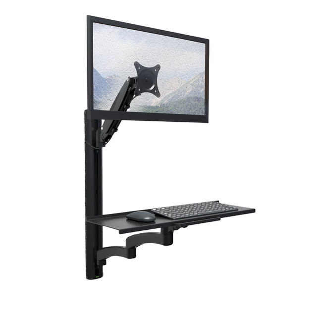 New Black Aluminum Alloy Sit-Stand Workstation Wall Mount Height Adjustable Converter 25'' Screen Keyboard Tray 19-27'' 8KG Load