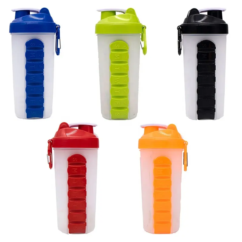 Wholesale Sales 600 ML BPA FREE Protien Shaker Bottles Gym 7 DAYS Shaker Bottle Pill Compartment With Storage Compartment