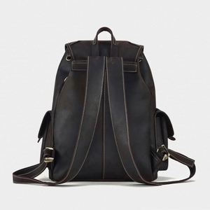 Large Capacity Men's <b>Backpack</b> Retro Leisure Travel <b>Drawstring</b> Bucket Schoolbag Men's Vintage Leather <b>Backpack</b> - Product Image 4