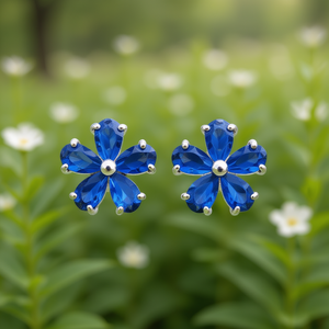 Orecchini a perno a forma di fiore con gemma blu placcati in argento per donna, gioielli alla moda da festa, orecchini in lega con montatura a griffe - Product Image 2