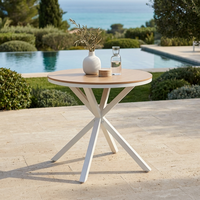 Table de bistrot moderne d'extérieur, structure en aluminium et fer, plateau en lattes non en bois, résistante aux intempéries, mobilier de jardin, table ronde pour café