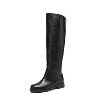 Bottes d'équitation d'hiver en cuir véritable à bout rond, à talon épais et hauteur genou