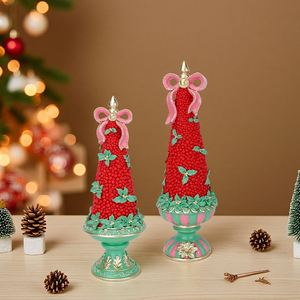 Redeco Mới Thủ Công Xmas Cây Màu Đỏ Berry Màu Hồng Bow Màu Xanh Lá Cây Cơ Sở Nhựa Cây Giáng Sinh Bức Tượng Trang Trí Lễ hội Nhà Accent - Product Image 2