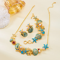 Ensemble Collier, Boucles d'Oreilles et Bracelet Plaqué Or Coquillage Étoile de Mer Corail – Cadeau Tendance pour Anniversaire de Mariage et Fête – Accessoire Femme Populaire