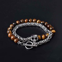 Pulsera con dije de calavera de piedra de lava para hombre, de acero inoxidable, con cadena de trigo y cierre de palanca, estilo gótico, motero, joyería oscura, regalo, venta al por mayor