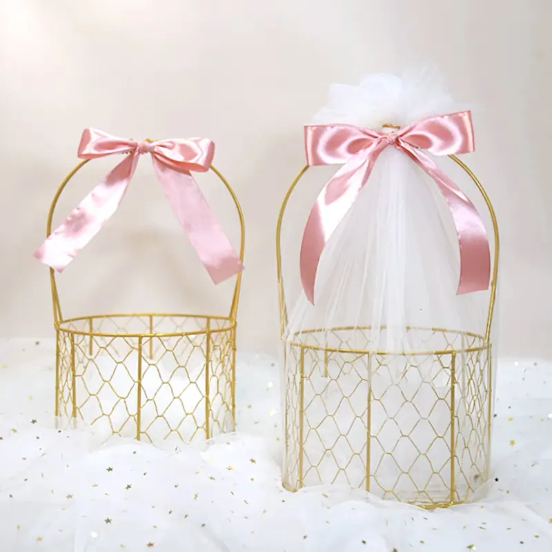 Toptan tel sepetleri yaratıcı taşınabilir düğün masa dekoratif dikdörtgen ferforje sanat hediye çiçek kollu sepet
