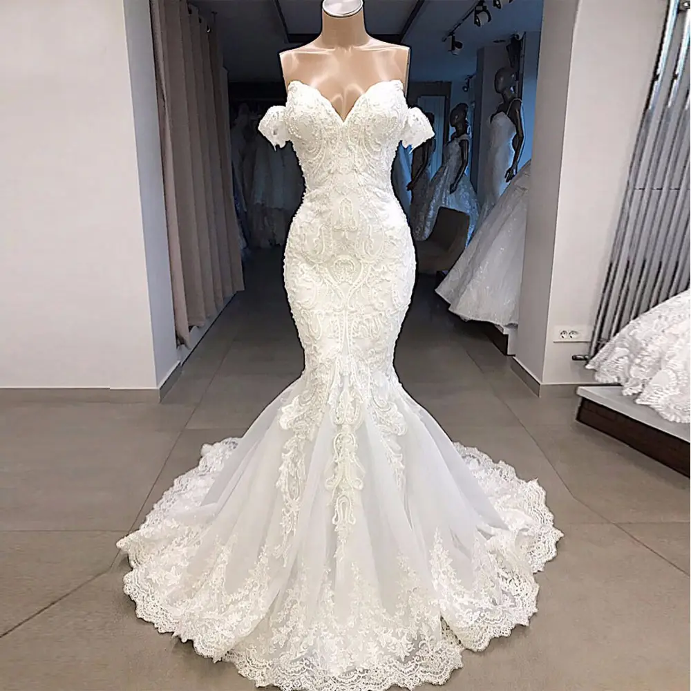 Women Lace Luxury Bridal Long Train Applique Ball Gown Sweetheart Top Mermaid Wedding Dresses
