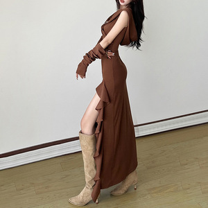 Nuovo Abito Autunnale da Donna, Monocolore, Aderente, Vita Alta, Alla Moda, con Cappuccio, Maniche Lunghe <span class=keywords><strong>e</strong></span> Spacco - Product Image 2