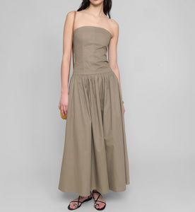 OEM <b>Custom</b> Vintage Strapless A-Line Maxi <b>Dress</b> Digital Solid Color Pleated Cotton/Linen Woven Summer Casual <b>Dress</b> Natural Waist - Product Image 1