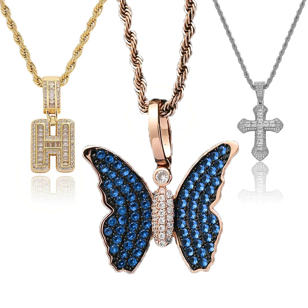 Women Men Hip Hop Jewelry Bling Iced Out Diamond Blue Zircon CZ Butterfly Cross Initials Alphabet Letters Pendant Necklace