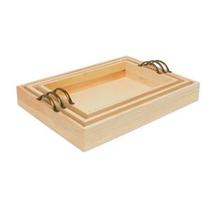 Wooden Serving <b>Tray</b> Set With Metal Handles Pine Wood Three Piece For Tea Or <b>Dinner</b> Use - Product Image 4