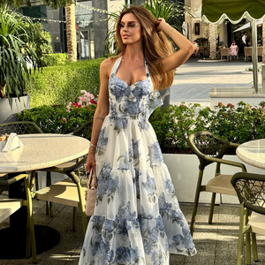 Blue And White Floral Print Halter Neck Sweetheart Tiered Ruffle Hem High Waist Women's Elegant Summer Maxi <strong>Dress</strong> - Product Image 2