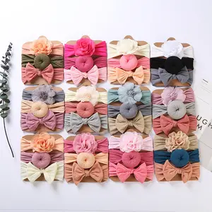 SongMay-Ensembles bandeau noué pour bébé fille, couleur unie, nylon doux, nœuds élastiques, accessoires pour cheveux, nouveau-né, 3 pièces