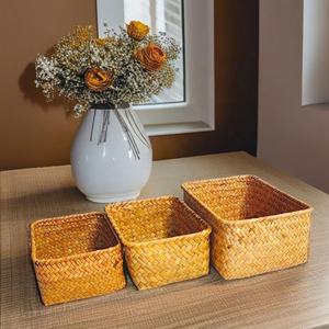Panier de rangement en paille tressée à la main de style vintage, carré, pour bureau, table, herbe marine, en gros, <span class=keywords><strong>3</strong></span> tailles - Product Image 1