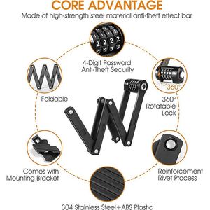 กุญแจล็อคจักรยานแบบพับได้ วัสดุโลหะผสมสังกะสี ป้องกันการโจรกรรม ความปลอดภัยสูง รหัสผ่านสี่หลัก สำหรับจักรยานไฟฟ้า แบบโซ่ - Product Image 5