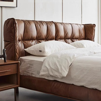 Lit double moderne rétro de 1,8 m, style vintage, cuir véritable ciré à l'huile, bois, lit en cuir souple à point de tirage pour chambre principale