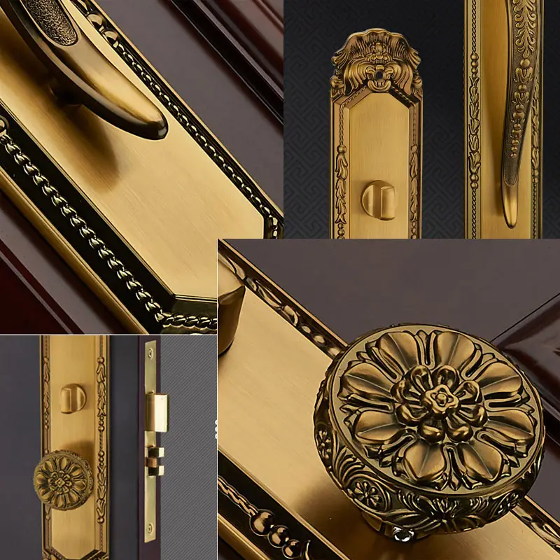 アメリカのレトロな高級ヴィラ両開きドアロックすべて銅ミュート正面玄関木製ドアハンドルロック