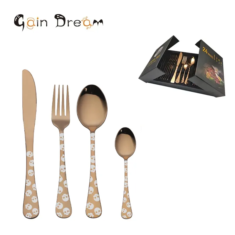 أدوات مائدة هالويز 24 حلم مع شعار مخصص أدوات مائدة من الفولاذ المقاوم للصدأ والذهب الوردي مع علبة هدايا