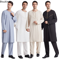 Ensemble 2 pièces Jubba Thobe pour hommes musulmans, haut et pantalon, Abaya longue islamique pour l'Aïd 2025, Robe longue du Ramadan, Caftan saoudien, style Dubaï Arabe