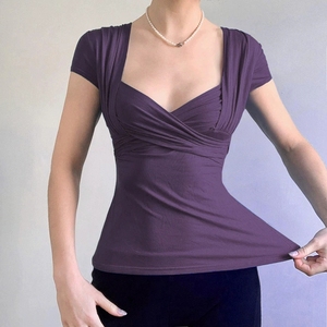 Nouvel Arrivage – T-<span class=keywords><strong>shirt</strong></span> d'été <span class=keywords><strong>violet</strong></span> moulant pour <span class=keywords><strong>femme</strong></span>, col carré, froncé, manches courtes, coupe ajustée - Product Image 3