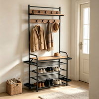 Meuble d'entrée multifonctionnel avec patère, banc à chaussures et étagère de rangement pour chaussures, structure en fer peint par pulvérisation