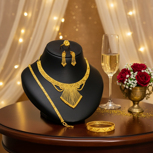 Conjunto de collar y pendientes de oro elegante de 24 quilates, diseño intrincado en forma de pera Vintage para boda y fiesta, joyería de cobre - Product Image 3