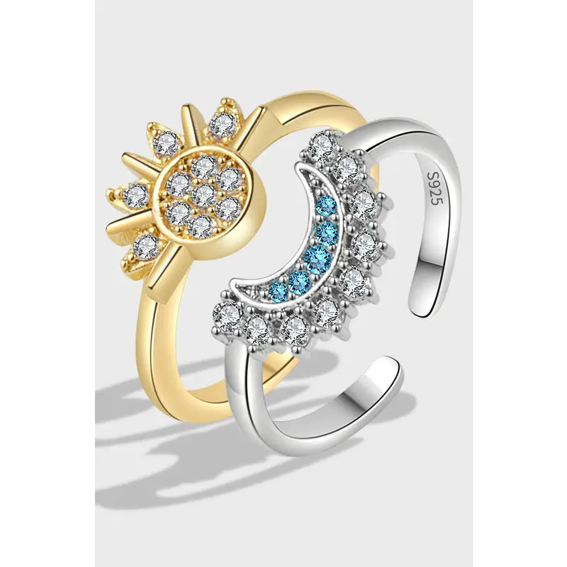Custom Fine superimposition Design 925 Sterling Silver Jewelry Gold Plated Inlay diamond Sun and moon Open Adjustable Rings