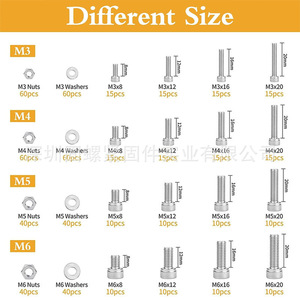 304 Stainless Steel <b>Socket</b> Head Cap <b>Screws</b> Nuts Washers Kit 600pcs Metric DIN912 A2-70 Class 8.8 Made In China - Product Image 5