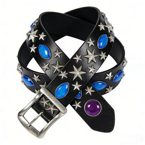 Cinturón de Cuero con Remaches Decorativos y Incrustaciones de Imitación de Zafiro, Estilo Étnico Único para Hombre y Mujer, Personalizado de Fábrica - Product Image 1