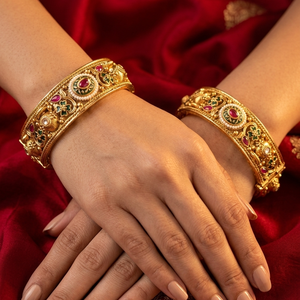 Traditional Imitation Antique Gold Plated Openable Temple Kada Bangles Set with <b>Ruby</b> Green Stone Pearls for Women Girls Wedding - Product Image 1