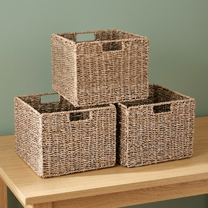 Seagrass Woven <b>Storage</b> Baskets Rectangle Handmade Rustic Style for Living Room Neatening Organizer <b>Bin</b> with Handles <b>3</b> Pack - Product Image 4