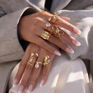 Women's 18K Gold <b>Plate</b> Stainless Steel <b>Rings</b> Modern Minimalist Lines Double-layer Hollow Geometric Large Zircon Open Gift - Product Image 5