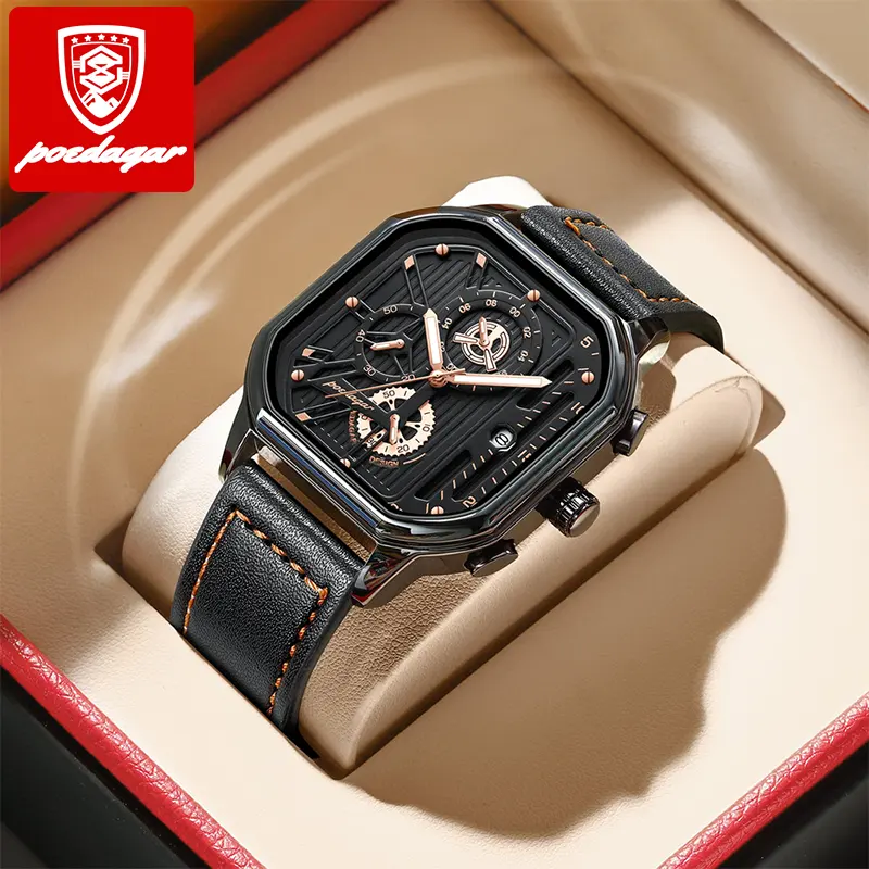 Top Luxury Brand Quartz Men Wristwatch Waterproof Chronograph Leather Band Fashion Men Dual Time Watch Men Wrist Poedagar 628