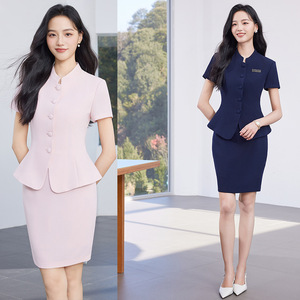 Chinese Style Stand Collar Short Sleeve Suit Set Women Summer Thin High End Professional Hotel Reception Uniform Short Skirt - Product Image 1