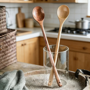 Juego de cucharas de cocina de madera, 2 piezas, mango largo, color sólido, para revolver, utensilios de cocina - Product Image 1