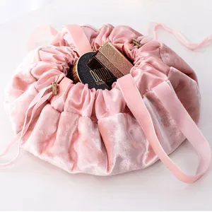 Custom Velvet String Drawstring makeup bag embroidered velvet Flat Lay Makeup Organizer Cosmetic Bag