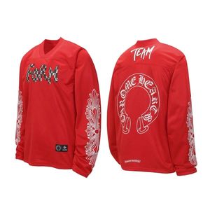 T-shirt unisexe tendance à manches longues et coupe ample, imprimé floral en maille, avec motif lettre CH sanskrit, style hockey, nouvelle collection - Product Image 4